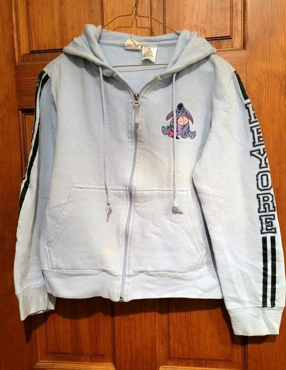 Disney Eeyore Junior's blue long sleeve full zip comfort hoodie sweatshirt. Size S See Pics, Some Discoloration