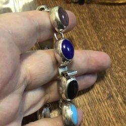 Vintage Mexico 925 Sterling Silver Multi Stone Bracelet Malachite Turquoise Taxco 7.5 inches