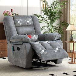 Overstuffed Massage Recliner Chair with Heat and Vibration – Soft Fabric Manual Reclining Chair for Living Room and Bedroom – Gray