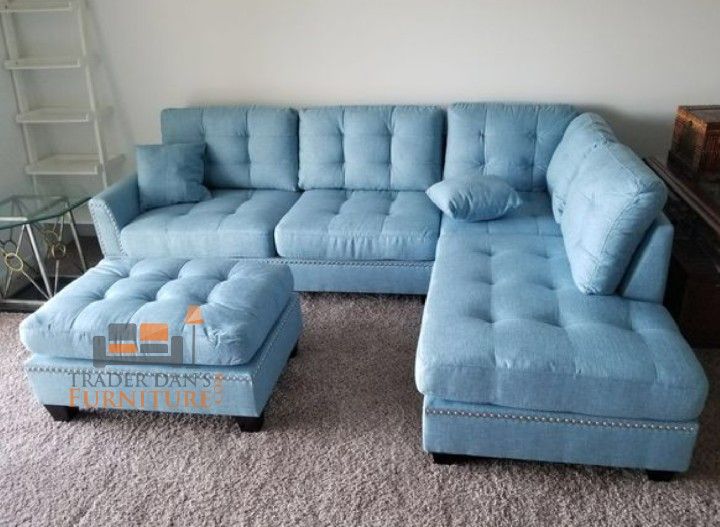 Brand New Light Blue Linen Sectional Sofa Couch +Ottoman (New In Box)