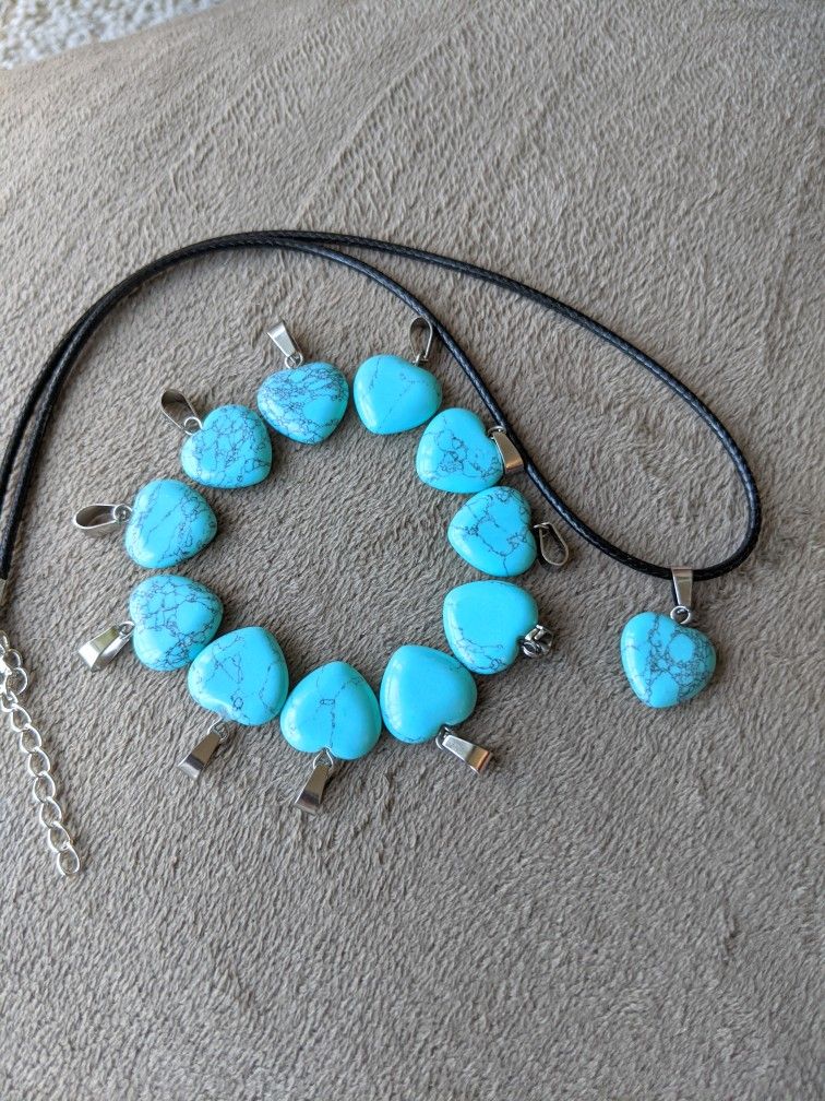 Blue Turquoise Crystal Stone Heart Necklace