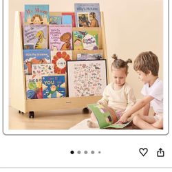 4-Tier Kids Bookshelf, Double-Sided Book Shelf for Kids Rooms, Toddler Book Rack Organizer with Wheels, Wooden Montessori Bookshelf & Book Storage Dis