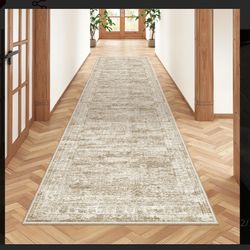 Restydon 2 x 8 ft. beige runner rug, non-slip and washable, for hallways.
