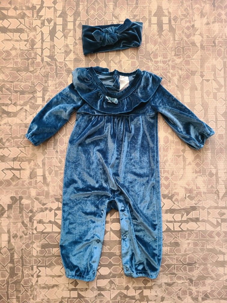 Carter's 2 Piece 9 Month Blue Velvet Collared Snapbutton Bodysuit with Headband