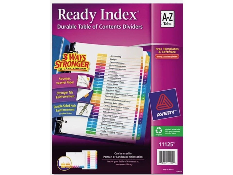 Avery Ready Index Customizable A-Z 26-Tab Table of Contents Multicolor Index Dividers
