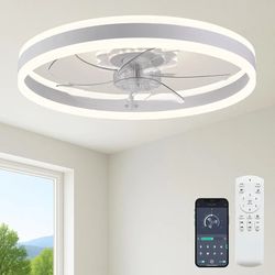 23.6'' Ceiling Fan with Light, Upgraded Low Profile Fan, Flush Mount Ceiling Fan, 6 Speeds, Dimmable LED, App & Remote Control, Quiet DC Motor, for Be