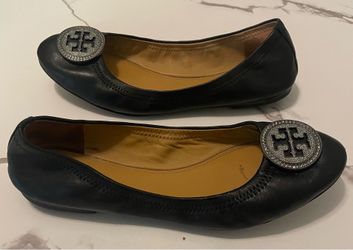 Tory Burch Reva Ballet Flats Black Leather Rhinestone Logo Size 9