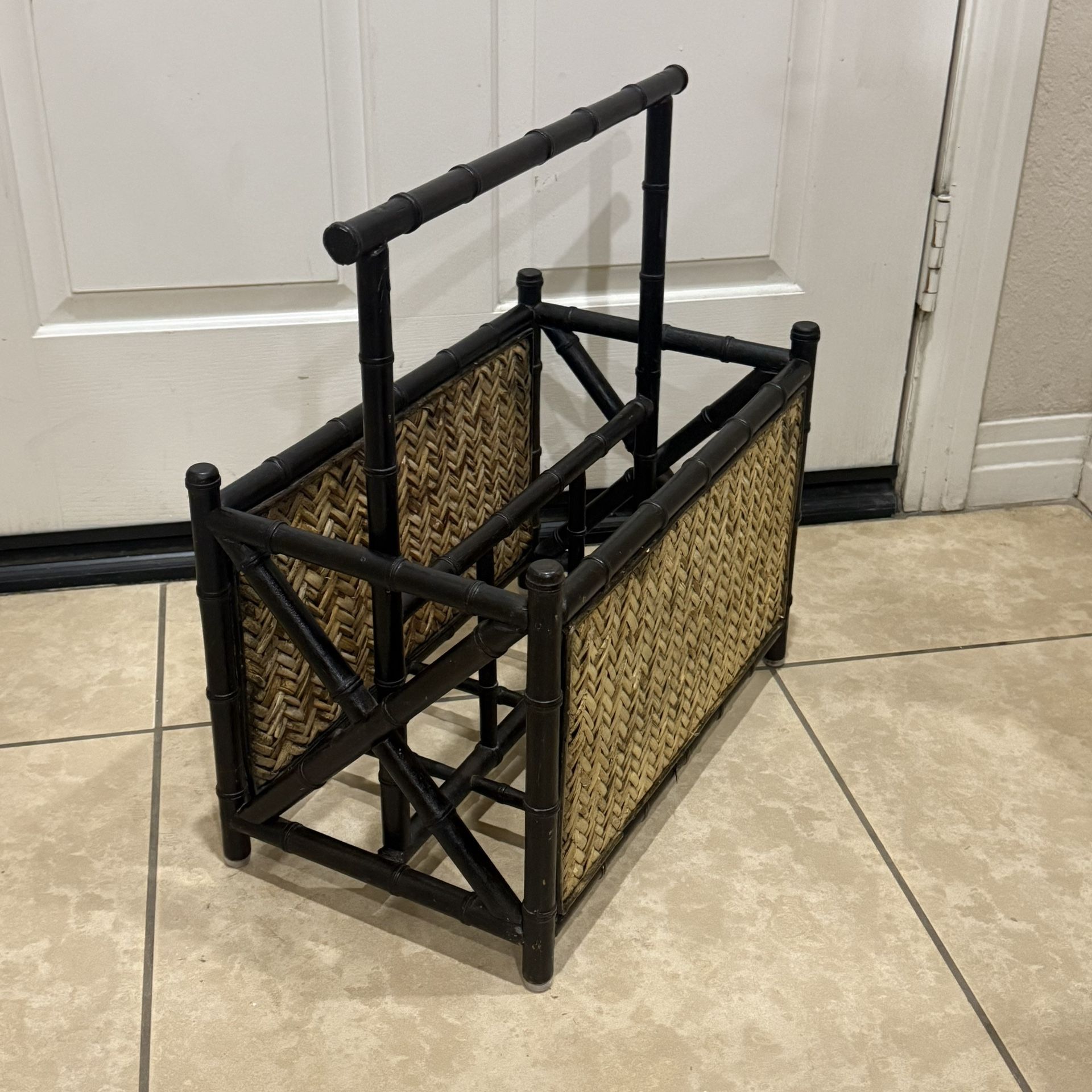 1970 Palecek Bamboo Rattan Magazine Rack Handle Feet 2 Compartment