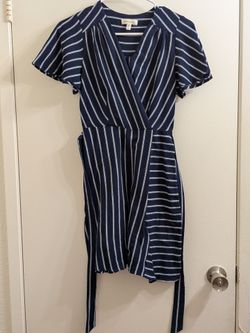 Navy & White Striped Flutter Sleeve Wrap Dress