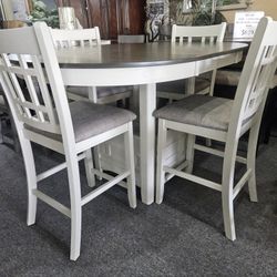 Brand New Gray/White Oval Counter High Dining Table (60"×42"×36"H) + 4 Gray Linen Chairs