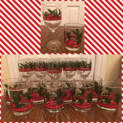 Vintage Libbey Hand Painted Holly Berries Christmas Glass LOT (8 Tumblers & 16 Stems), See ALL PICS!