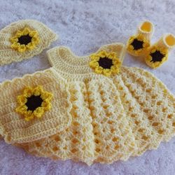 Crochet Baby Girl Yellow Sunflowers Heirloom Dress Set Photo Prop 