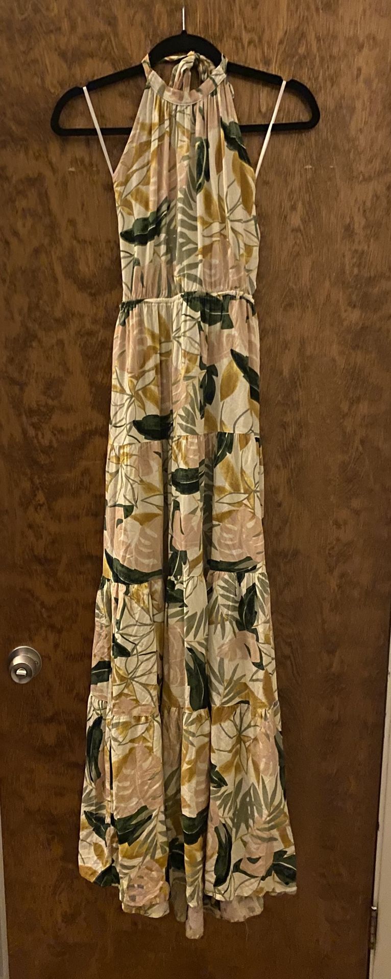 Floral Print Dress. Long, open back, halter, Size Medium.
