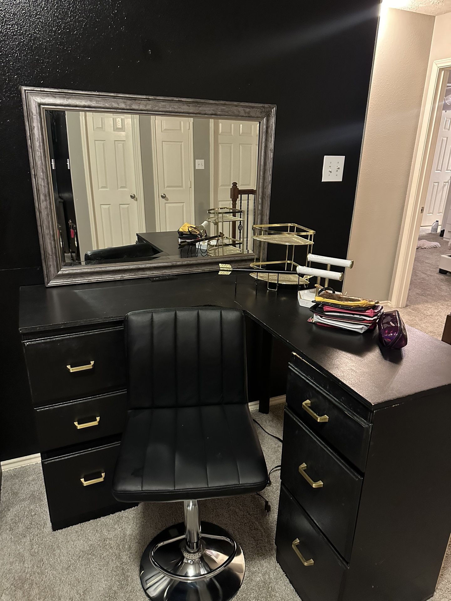 makeup vanity (black and gold) with charging station and mirror 