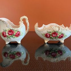 Antique Austria Hand Painted Floral Cream and Sugar Gilt Porcelain Set of 2