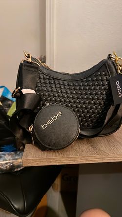 Bebe Black Woven Shoulder Bag with Coin Purse