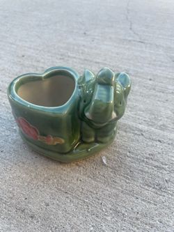 Majolica Style Ceramic Elephant Green Heart Shaped Planter Good Luck Trunk Up