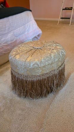 Ornate Oval Ottoman Pouf — Gold Damask w/ Fringe, Victorian/Baroque Style