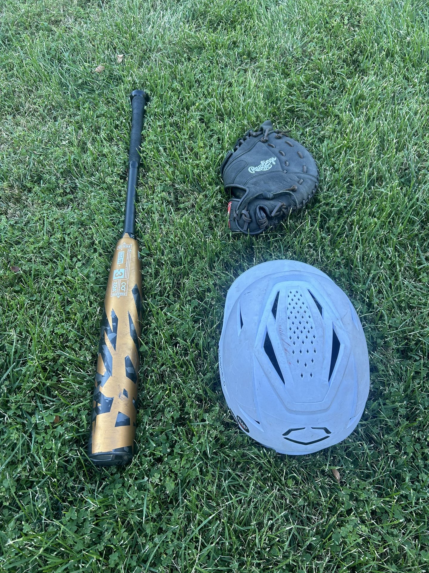 Baseball Package. Demarini Zoa 33 Bat, Left Hand first Base Glove, Batting Helmet