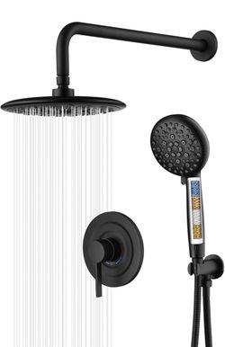 Matte Black Shower System with 9" High Pressure Rain Shower Head Handheld Showerhead with Filters for Hard Water, 2-in-1 Easy Control Shower Valve Inc