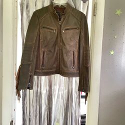 Brown Leather Moto Jacket with Fringe