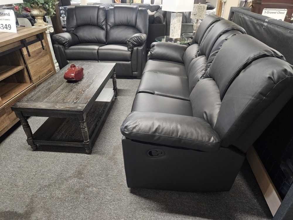 Brand New Black Bonded Leather Manual Reclining Sofa + Loveseat 2PCs Set