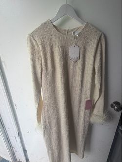 Ivy City Co. Dress in Cream Textured Knit with Feather Cuffs