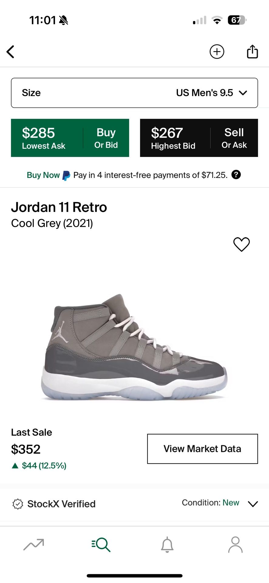 Jordan 11 Cool Grey Size 9.5