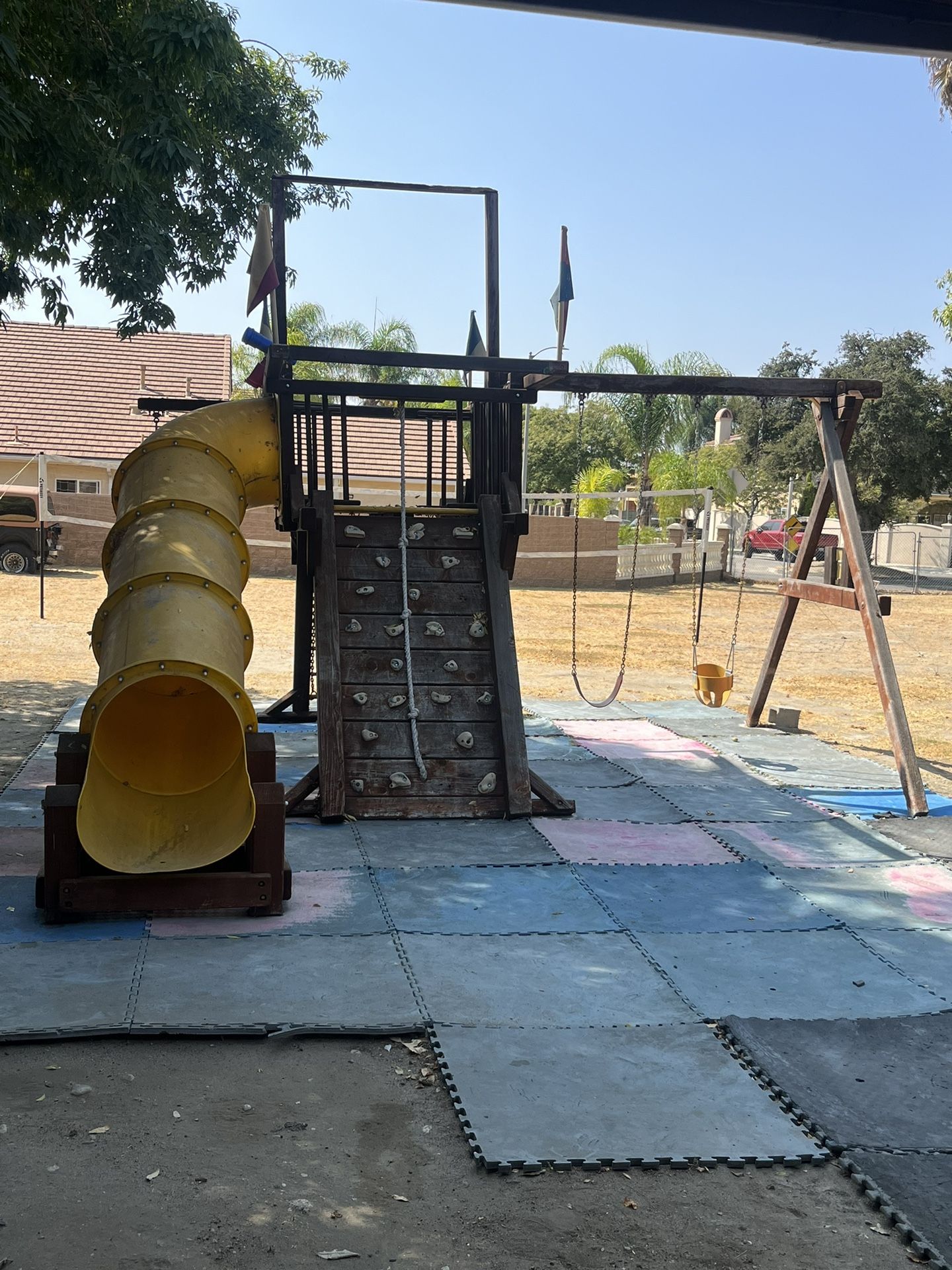 Sturdy Wood Playground covers 17ft x 19ft ground space. Built to last over 20 years