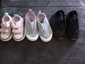 girl shoes size 6 the purple ones, 5 the black ones, 3 the pink ones, 25 for the three pairs.