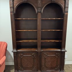 Grand Mahogany Double-Arch Library Bookcase - Carved Details And Cabinet Base