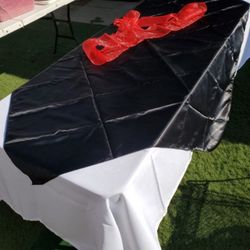 PARTY SUPPLIES...6 DOLLARS EACH WHITE TABLE COVER, 4 DOLLARS EACH MIDDLE SQURES, 75 CENTS EACH BOW...