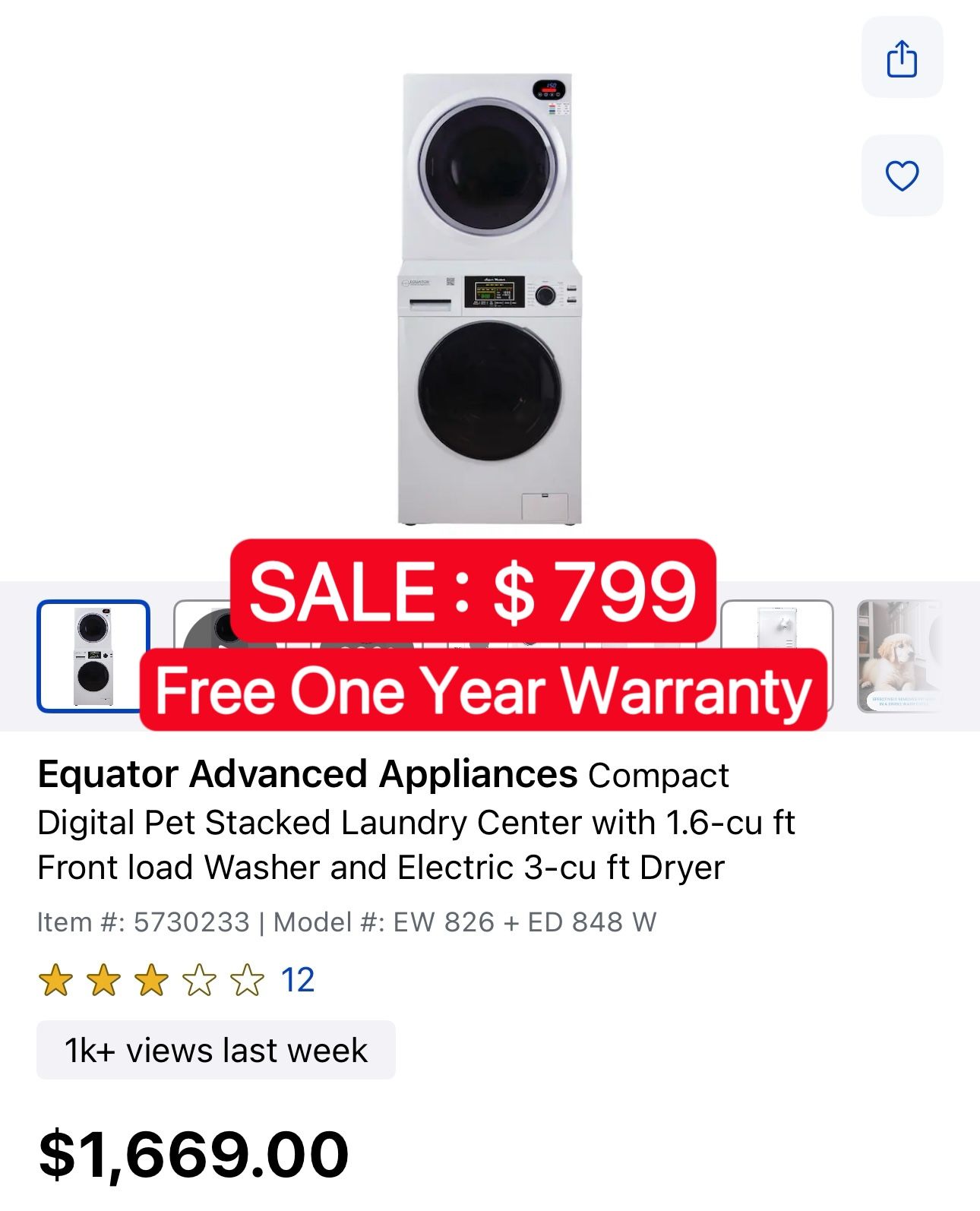 Equator Washer &Dryer Set-Open Box-Free One Year Warranty
