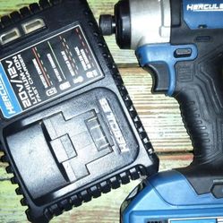 Newer HERCULES 20volt CORDLESS IMPACT GUN WITH FAST CHARGER 20 Volt Lithium Ion Battery & 2 Phillips/Flat Screw Tip head Go