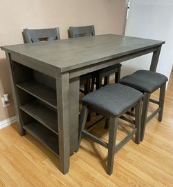 5-PC AESTHETIC HIGH TOP GRAY FINISH DINING SET (TABLE WITH SHELVES, 2 CHAIRS AND 2 STOOLS)