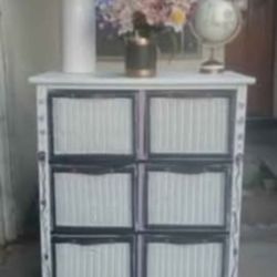 6 Cube Wood Storage With Wicker Baskets And Hand Painted Design- White With Lavender 