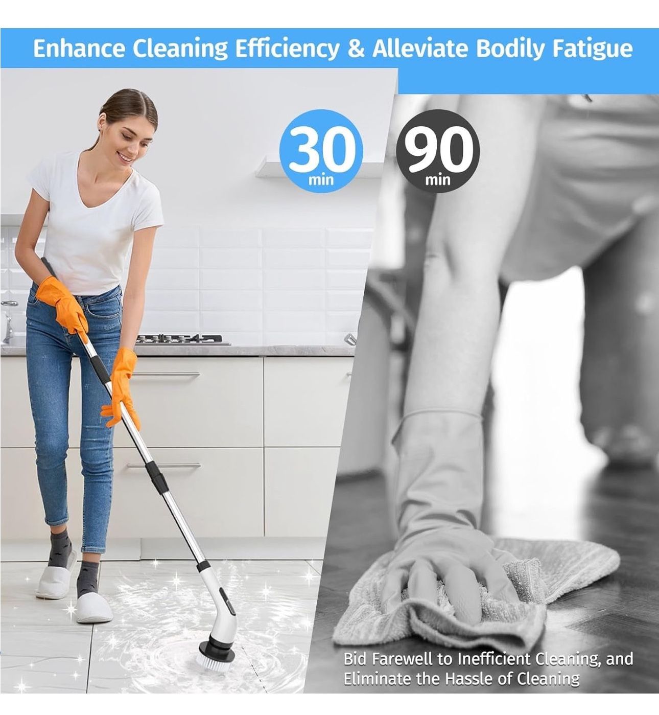 Electric Spin Scrubber, 2 Adjustable Speeds Cordless Electric Scrubber for Cleaning, Adjustable & Detachable Handle Shower Scrubber with 7 Replaceable