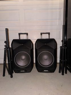 ION Bluetooth PA Speakers (Pair) w/ Tripod Stands & 2 NEW Microphones