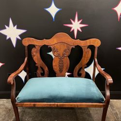 Vintage Carved Wood Teal Velvet Upholstered Bench