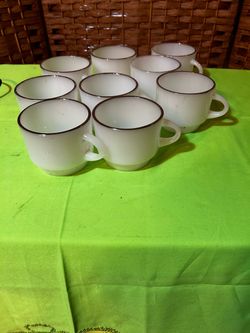 Vintage Anchor Hocking/ Fire King Milk Glass Stacking Mugs with Silver Rim-Set of 9-$45 CASH