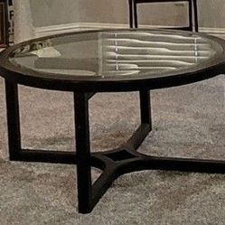 Glass & Wood Coffee Table with Rolling Stools