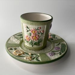 Vintage Yankee Votive Holder Pink Flowers With Green Background Cup & Saucer 