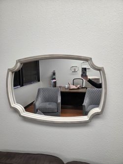 Wall Mirror in Scalloped Shaped Gray and White Wooden Frame 21" High and 31 1/2" Wide