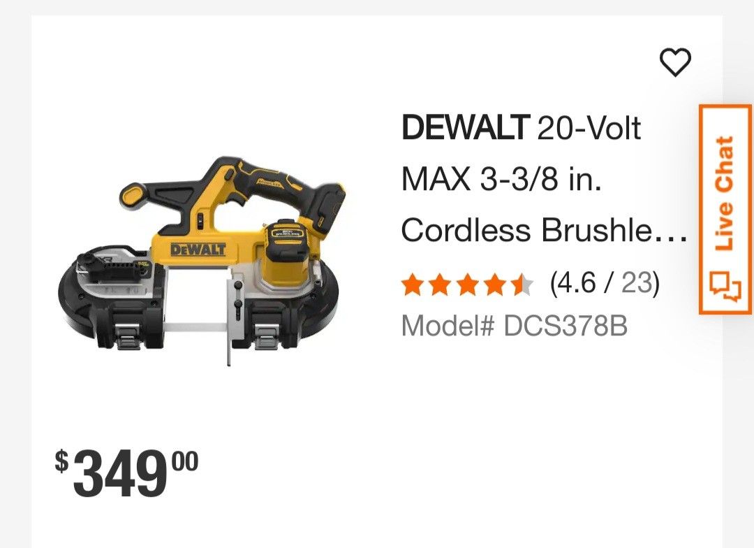 Dewalt 20 Volt Band Saw 3 3/8 Inch Cutting New In Box Tool Only