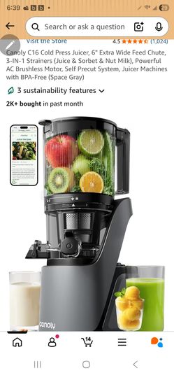 Canoly C16 Cold Press Juicer, 6" Extra Wide Feed Chute, 3-IN-1 Strainers (Juice & Sorbet & Nut Milk), Powerful AC Brushless Motor, Self Precut System,