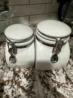 Set of 2 White Ceramic Canisters