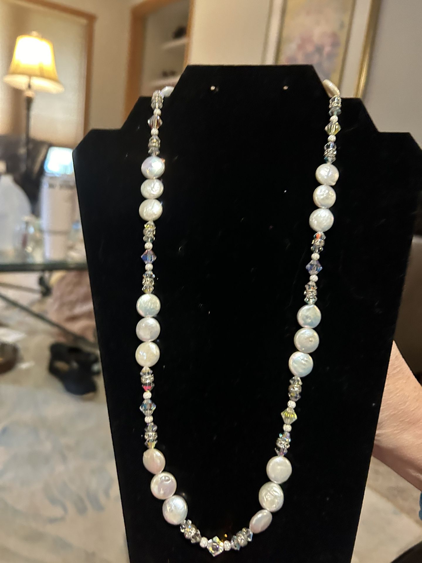 Handmade Pearl And Genuine Swarovski Crystals Necklace