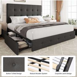 Upholstered Queen Size Platform Bed Frame with 4 Storage Drawers  Dark Grey K-5