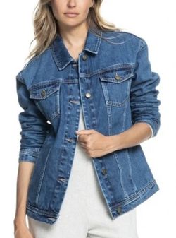 ROXY Women Mountain Roads Classic Collared Blue Denim Jacket 100% Cotton L NWT