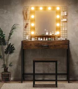 Makeup Vanity Desk Set with LED Lights and Mirror, 33" W Makeup Table with Drawer , Dressing Table with Stool for Bedroom, Rustic Brown